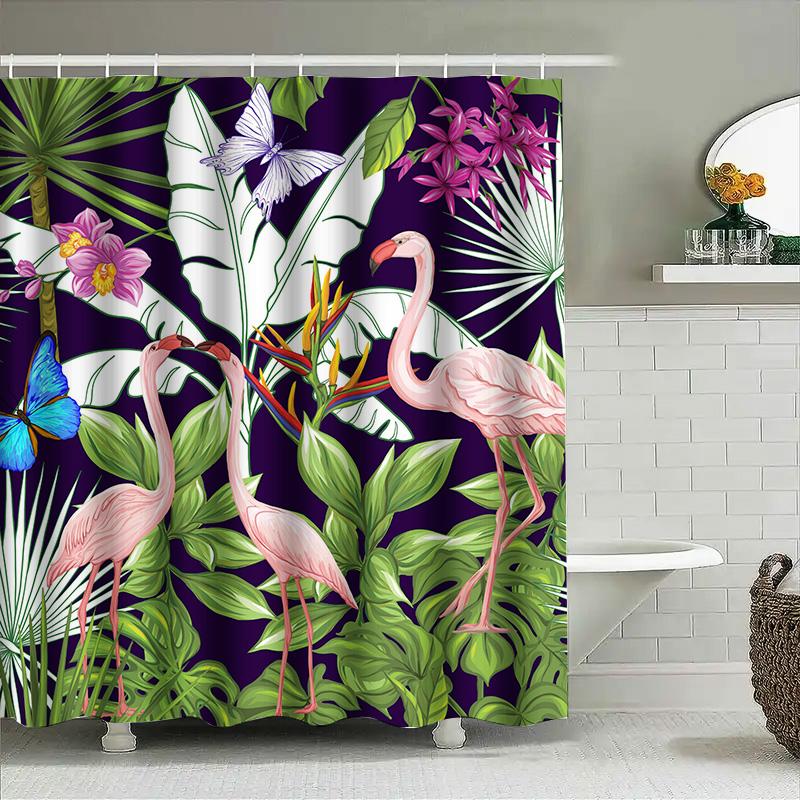 Exotic Bird Floral Shower Curtain Pink Flamingos Purple Butterflies With Green Leaves On Dark Background Decorative Home Bath Ru