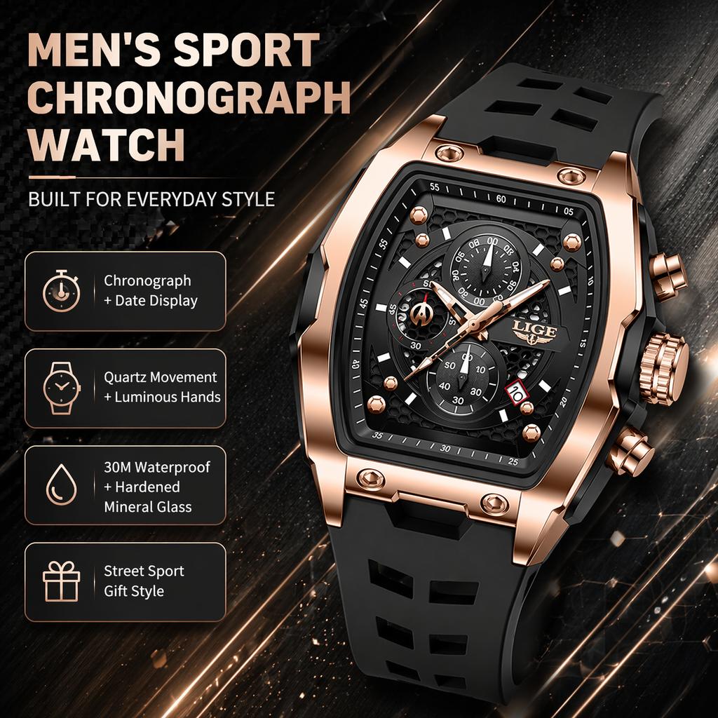 LIGE Men Chronograph Watch Fashion Quartz Wristwatch Silicone Strap Luminous Date Waterproof Male Clock Relogio Masculino