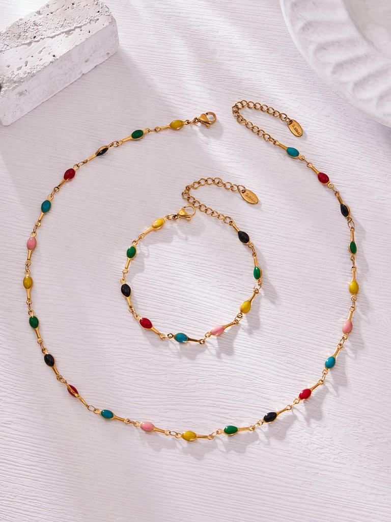 European Style Dopamine Color Block Necklace & Bracelet Set: Stainless Steel Drip Oil, Clavicle Design, Simple & Stylish Personality.