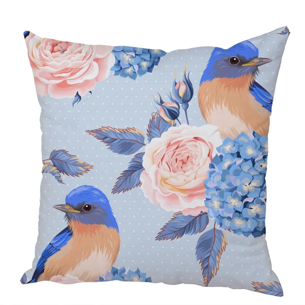 Nordic Style Rose Flower and Birds Pillow Case Cushion Cover for Car Peach Skin Decor Flower Plant Animal Throw Pillowcase