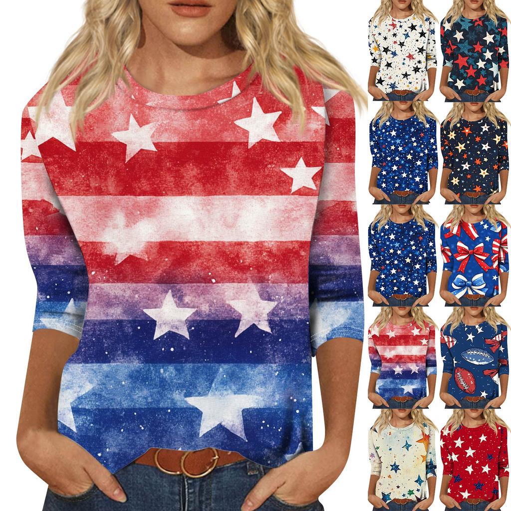 Dames Mode Casual Zeven Mouwen Onafhankelijkheidsdag Bedrukt Rond Hals T-shirt Top