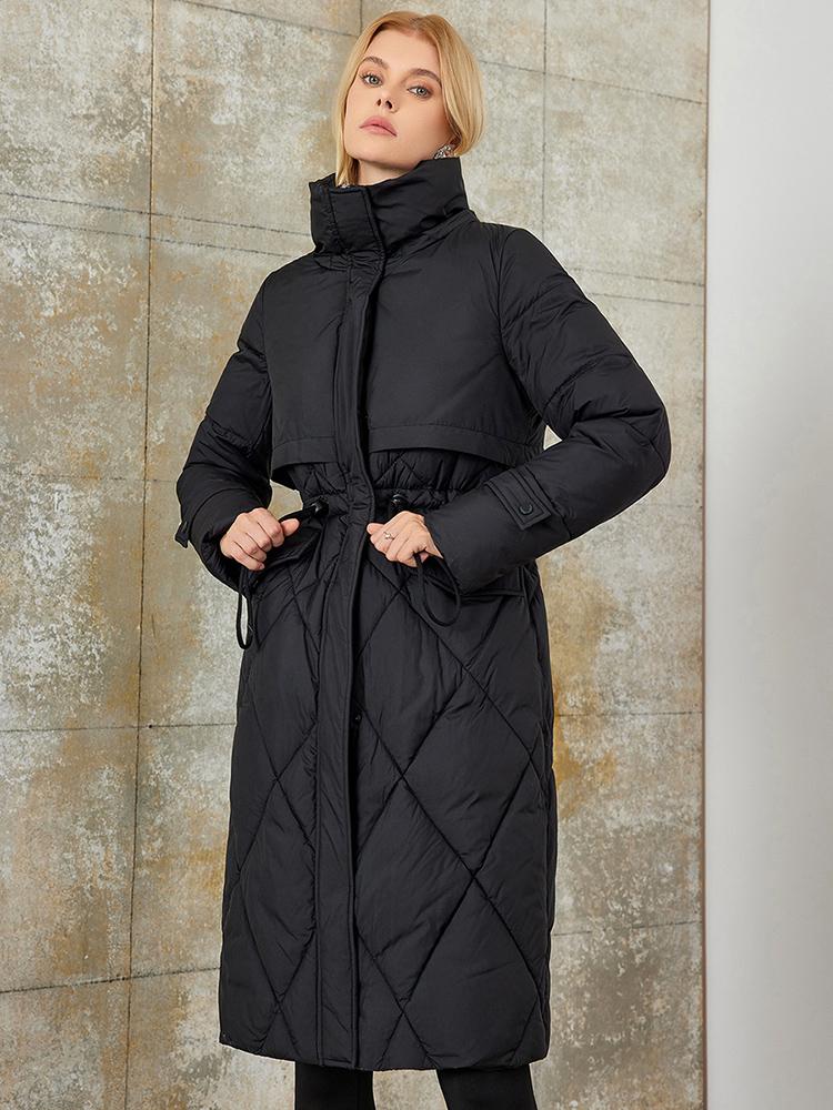 PINK CHIC 2025 New Winter Coat Women Down Jackets High Quality Rhombic Warm Lace up Hooded Long version Female Parka W6553