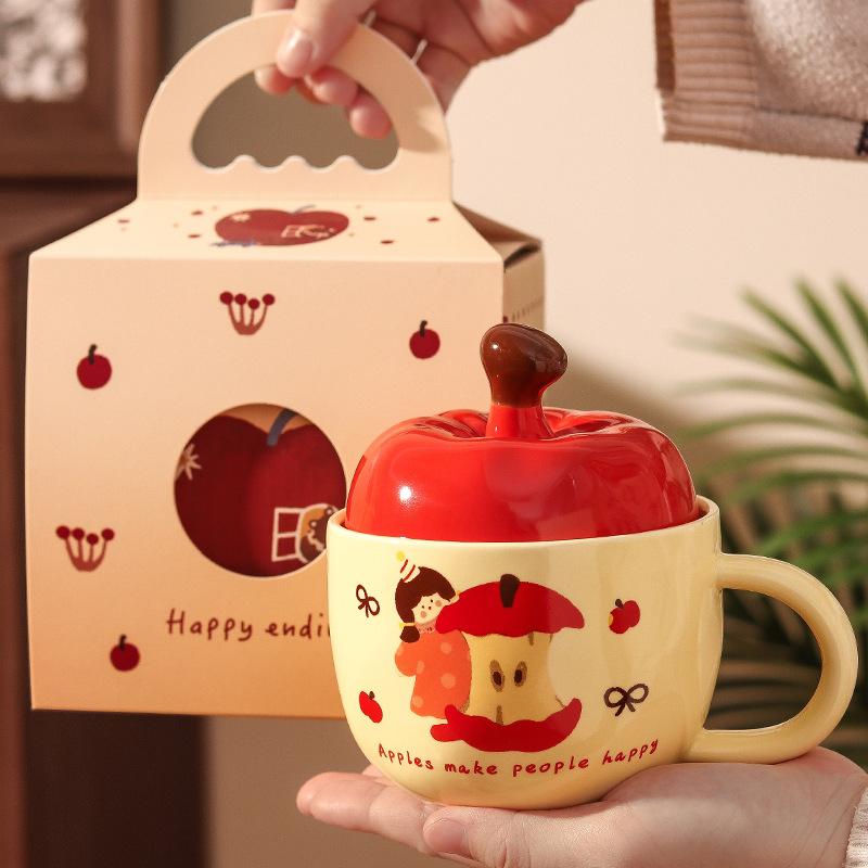 Cute Apple Girl Cup Girl Girlfriend Mug with Lid High Value Ceramic Water Cup Birthday Gift
