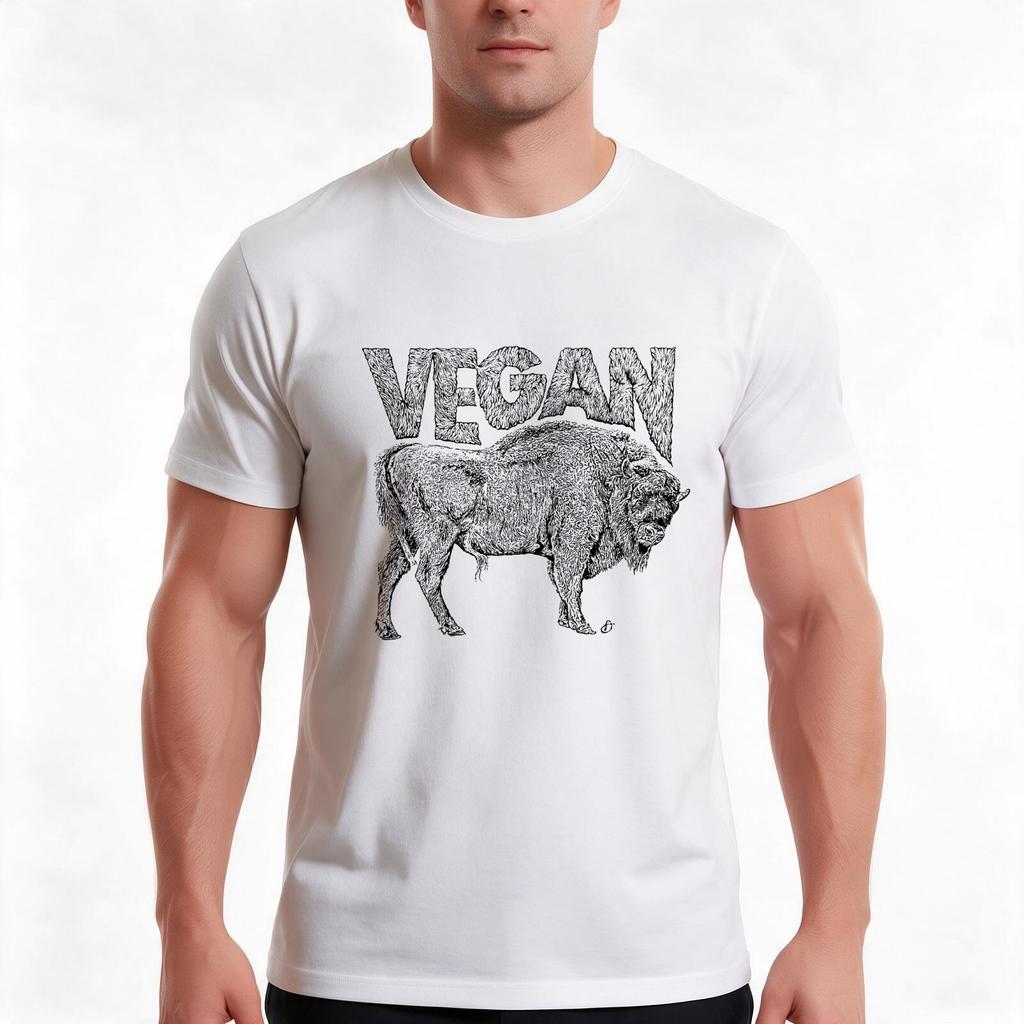 Vegan Bison Tshirt Summer Casual Cotton Tee Oversized Streetwear Tops Vintage Graphic Print Loose Fit Short Sleeve