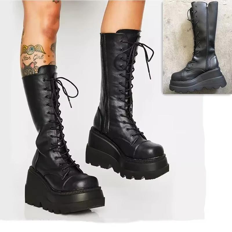Women'S Platform Boots Punk Mid-Calf Ladies Boots Gothic Style Thick-Soled Motorcycle Knight Boots Designer Fashion Women Shoes