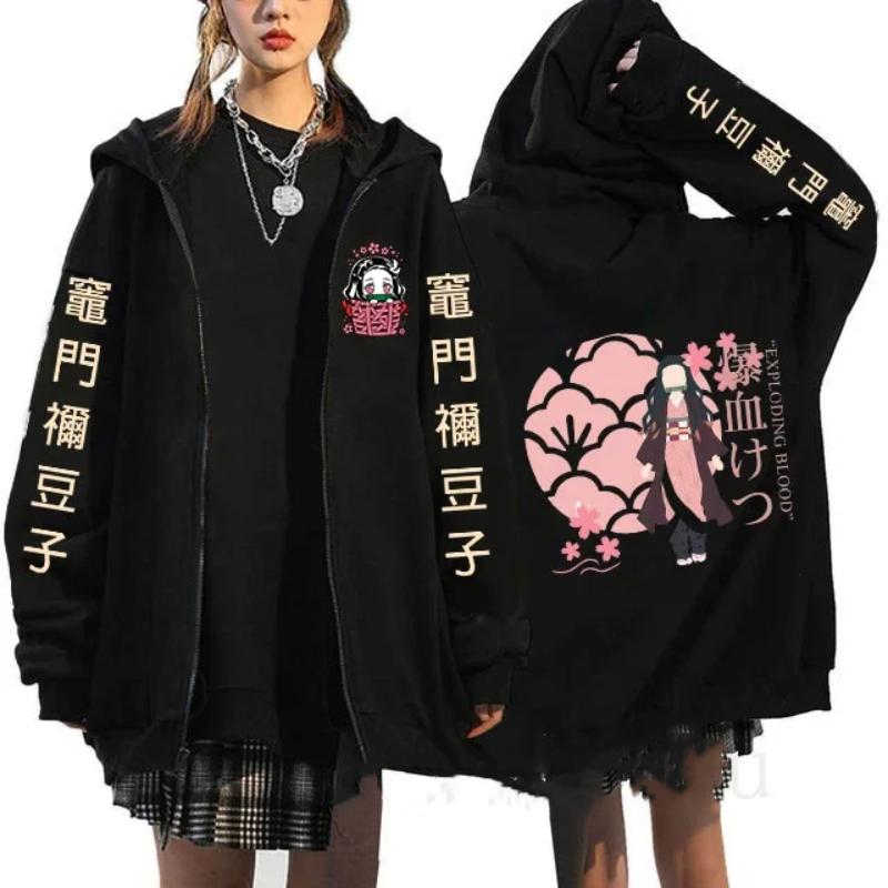 Japanese Anime Demon Slayer Zipper Jackets Sweatshirt Nezuko Kamado Mange Y2k Zip Up Hoodies Kimetsu No Yaiba Cartoon Streetwear