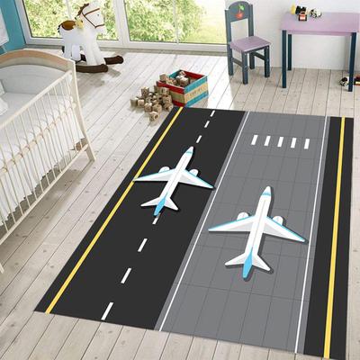 Airplane Runway Print Kids Rug Gray Black Airport Floor Mat for Toddler Bedroom and Play Area