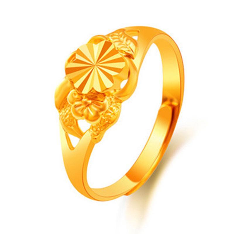 Gilded Brass Adjustable Heart Floral Ring for Women - Imitation Gold
