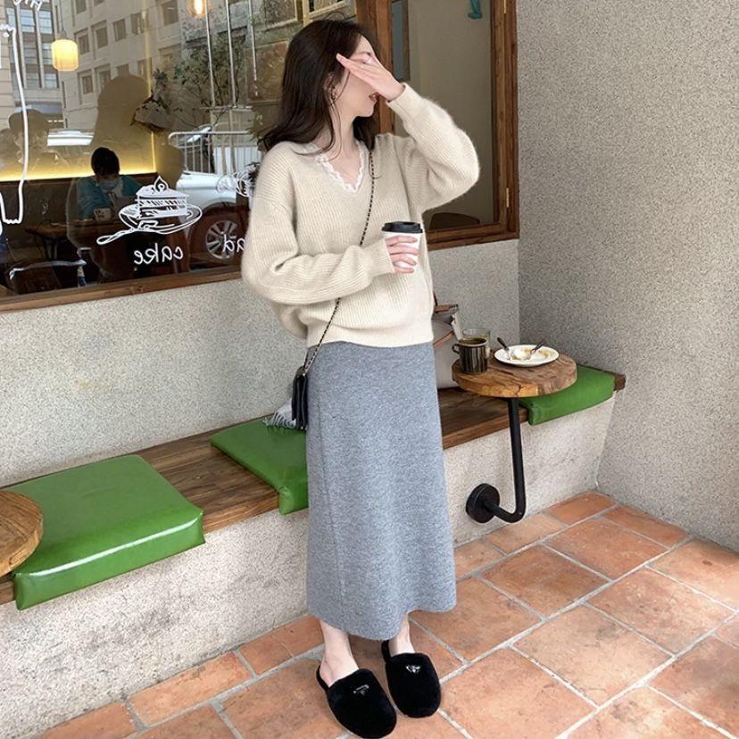 High Waist Women's Autumn Winter Thickened Knitted Wool Slim-Fitting Non-Slit Straight Pencil Long Midi Skirt