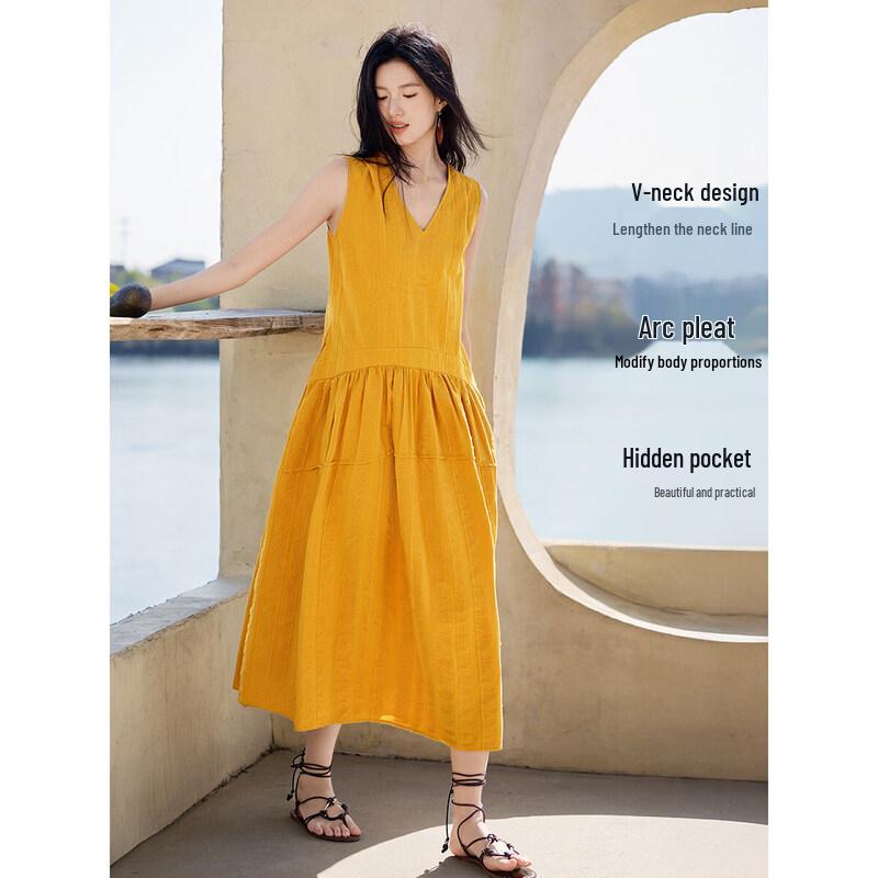 XWI Women's 100% Cotton V-Neck Sleeveless Midi A-Line Dress