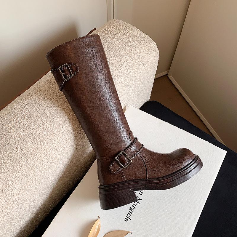 Sweet and cool Spice Girls simple but knee knight boots 2025 autumn and winter new round head thick sole thick heel belt buckle high boots