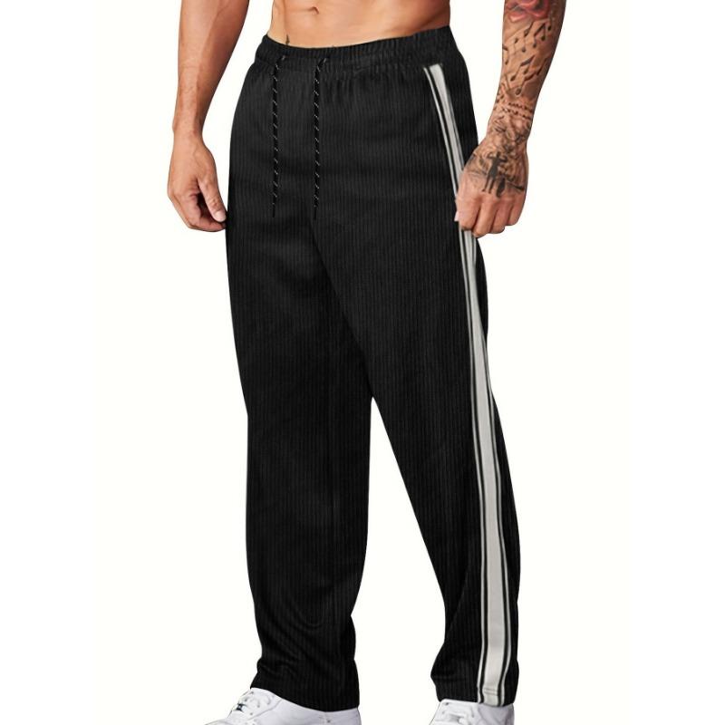 Men s Vertical Ribbed Jogger Pants Side Double White Stripe Drawstring Waist Casual Sweatpants S чёрный