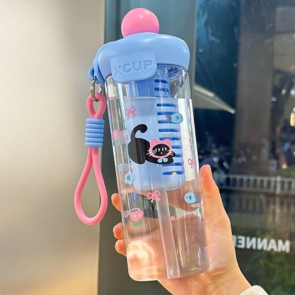 Portable 750ml Straw Water Cup Cartoon Tea Water Separation Tea Infuser Cup with Lanyard Large Capacity Vacuum Cup Summer синий