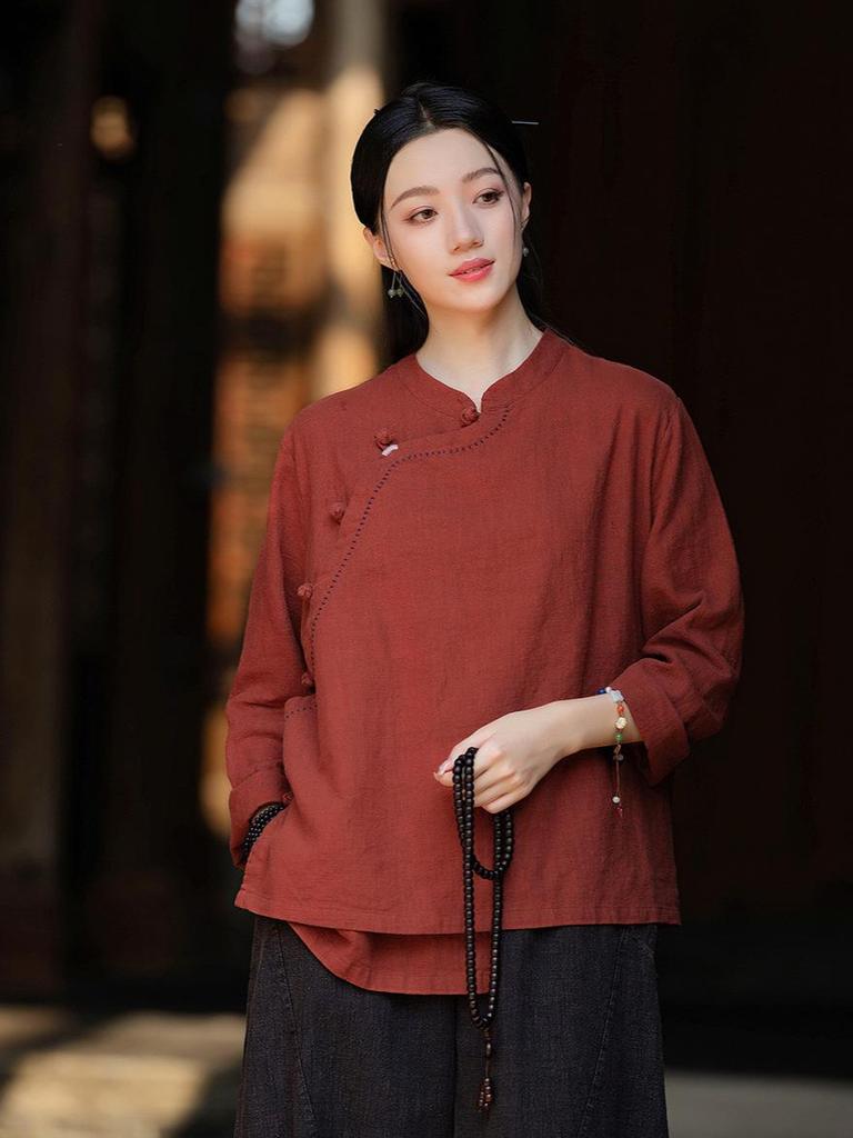 New Women's Cotton Linen Retro Stand Collar Shirt with Frog Buttons