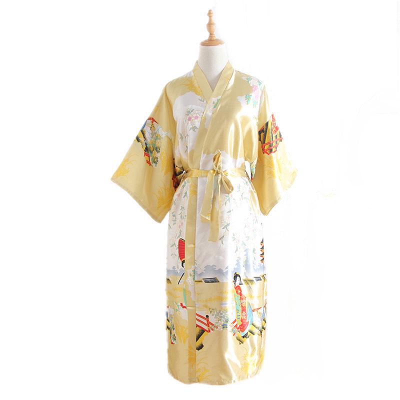 Cămașă de noapte pentru femei în stil kimono Halat de baie lung de mătase cu centură Haine japoneze Pijamale din mătase cu imprimeu de păun