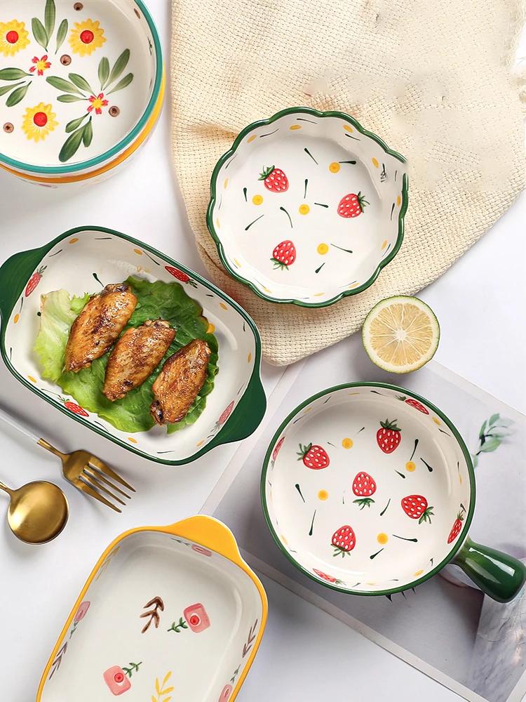 Binaural Ceramic Rectangular Baking Plate Cheese Baked Rice Plate Household Salad Plate Cute Printed Baking Bowl Utensils