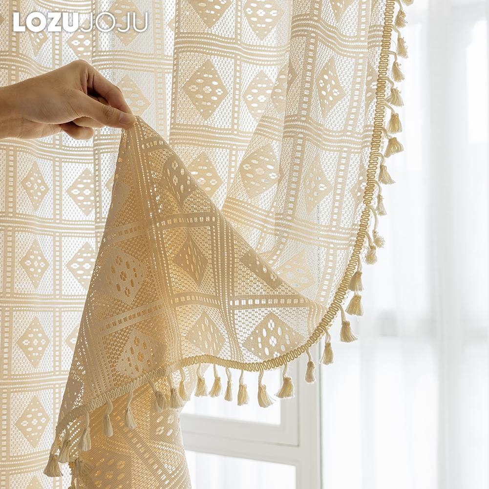 1PC LOZUJOJU 10-20% Blackout French Retro Solid Color Hollow Square Grid Fringe Curtain for Living Room Bedroom Balcony Home Decor