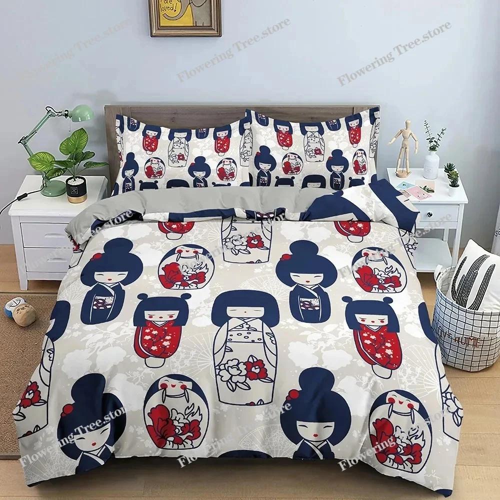 Japanese Doll Duvet Cover King Queen Lucky Cat Fan Bedding Set for Kids Girls Asian Japan Cultural Polyester Quilt Cover
