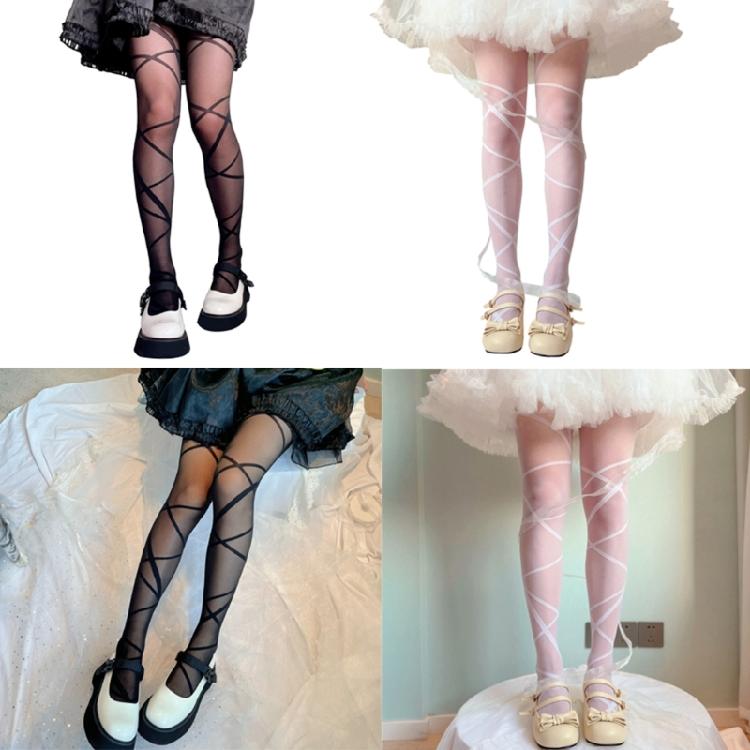 Women Japanese Style Silky Pantyhose Irregular Crossed Straps Patterned Tights