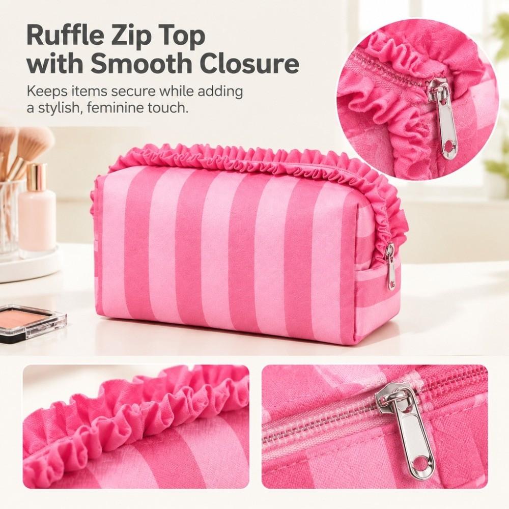 Striped Cosmetic Bag Ruffle Travel Pouch Portable Makeup Organizer Bathroom