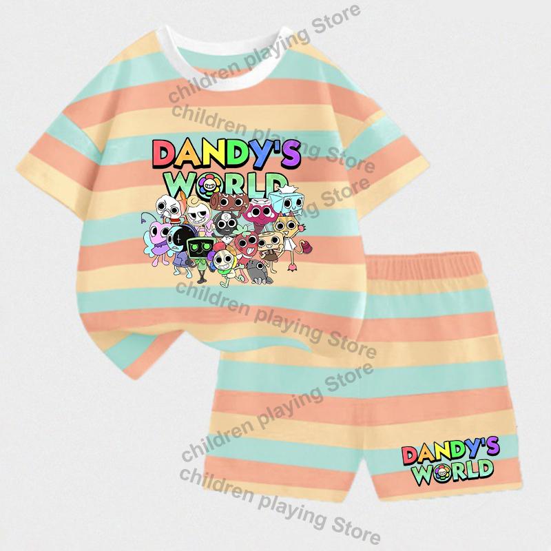 Dandys World Dziecięce Zestawy w Paski Lato Dziewczynki Chłopcy T-Shirt Szorty Garnitury Nadruk Kawaii Casualowa Odzież Sportowa Dziecięca Bielizna Nocna Prezenty