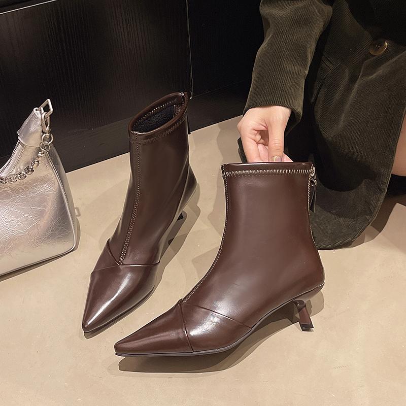 Fashion Small Heel Booties Autumn New Pointed Toe Rear Zipper Anti-Slip Wear-Resistant Cotton Boots