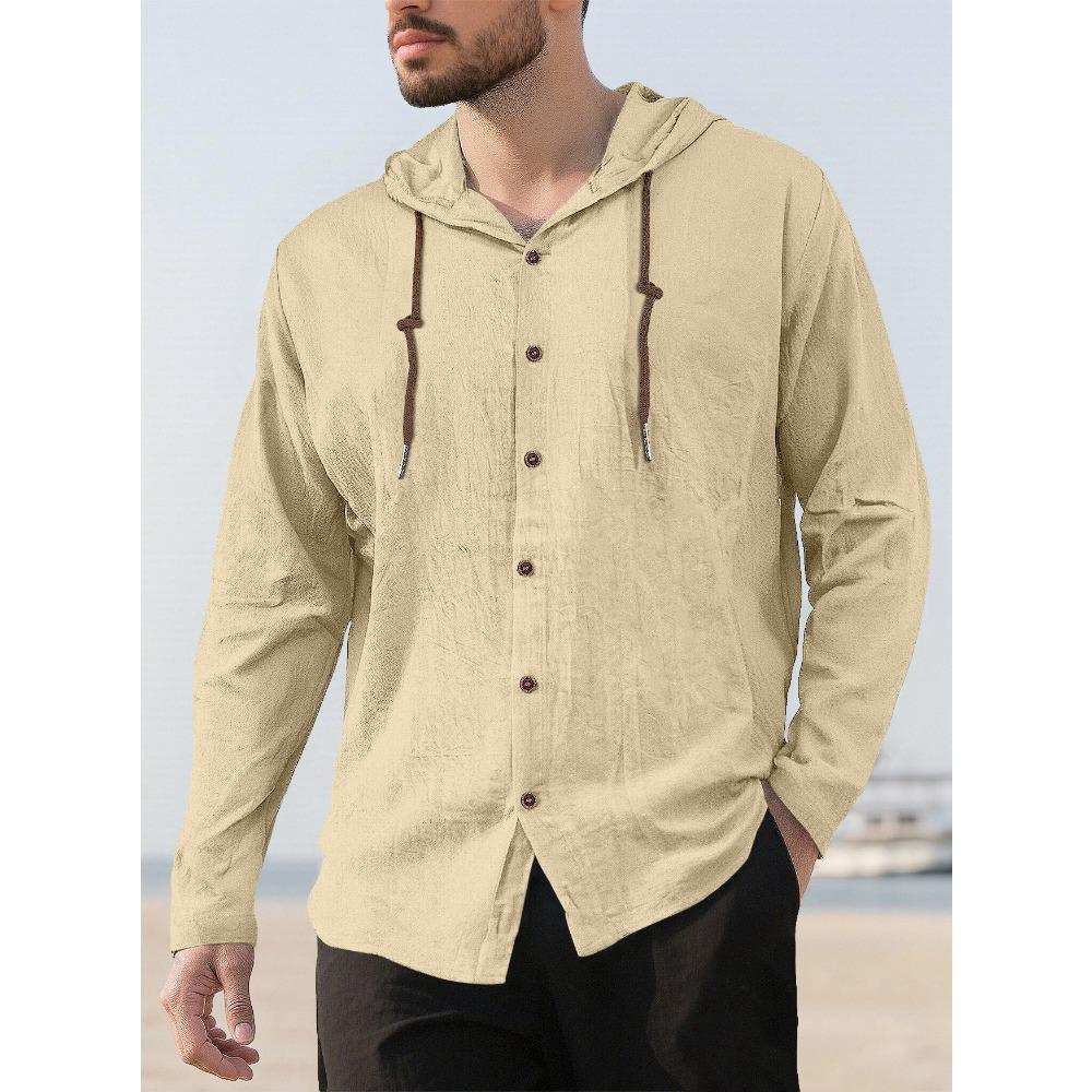 New Spring/Summer Men's Hooded T-Shirt Solid-Colour Cotton-Linen Blend Men's Casual Long-Sleeved Top