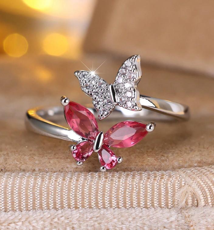 European and American New Butterfly Shaped Ring with Micro Inlaid Zircon and Adjustable Opening for Trendy Jewelry
