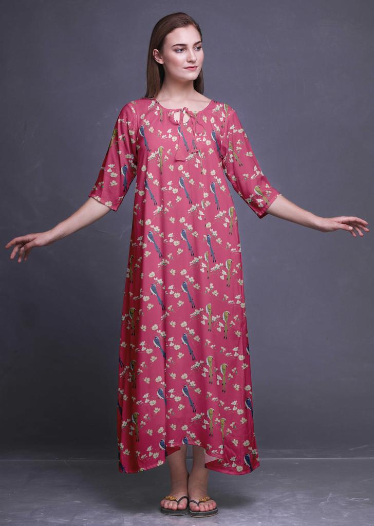 Bimba Dark Rose Brown Floral Leaves & Camellia Kanjiro Printed Nightgowns Maxi Sleepwear For Women Long Sleep Dress