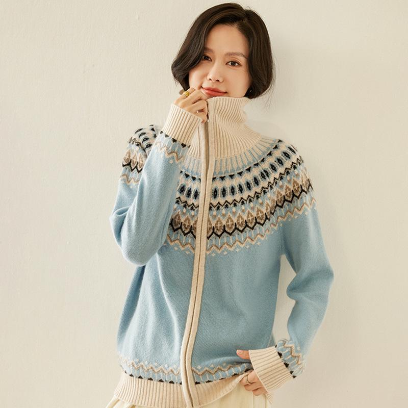 Women's Fair Isle Cashmere Zipper Cardigan - Cozy Autumn/Winter Sweater Coat.