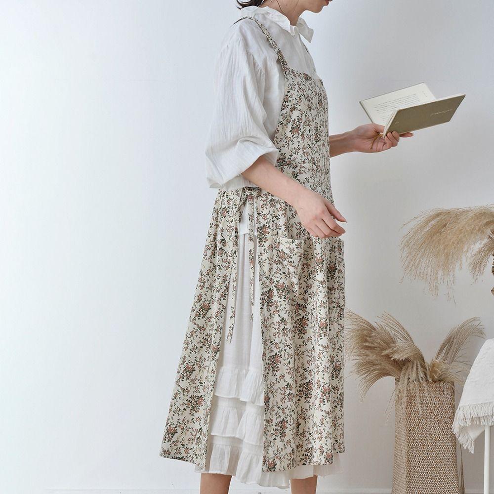 Elegant Kitchen Cooking Apron Floral Printed Cleaning Apron Waiter Extended Aprons  Baking