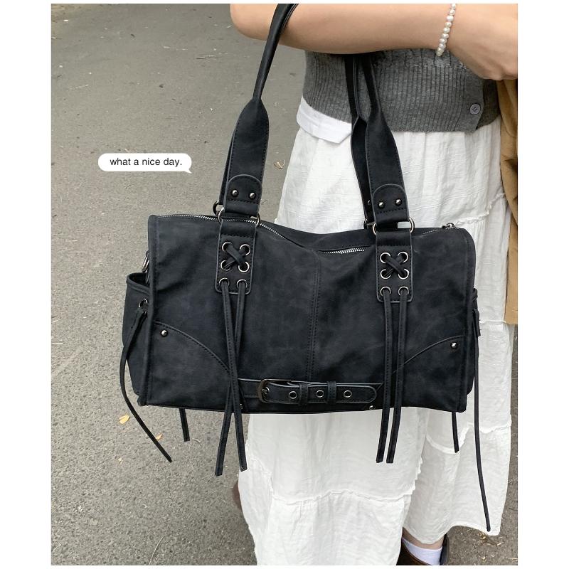 Retro Motorcycle Handbag Women Horiztal Tote Storage Tassel Design Pillow Shoulder Bag Trendy Large Capacity Soft Underarm Bag