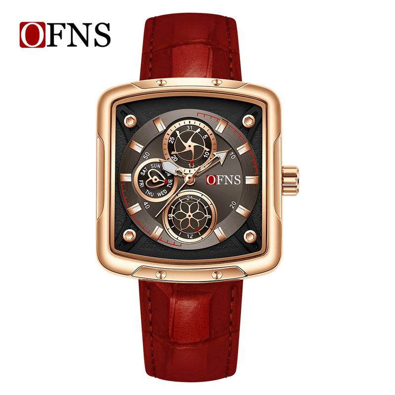 OFNS Brand 1516 Fashion Square Six Needle Quartz Watch 3ATM Waterproof Luminous Head Layer Leather Strap Date Display Cool Men's
