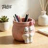 Pink Aesthetic Decor Cute Cartoon Girl Pen Holder, Resin Makeup Brush Decorative Desktop Ornaments Organizer with Bow Design, Sundries Storage Bucket