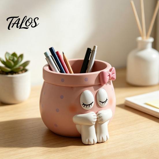 Pink Aesthetic Decor Cute Cartoon Girl Pen Holder, Resin Makeup Brush Decorative Desktop Ornaments Organizer with Bow Design, Sundries Storage Bucket