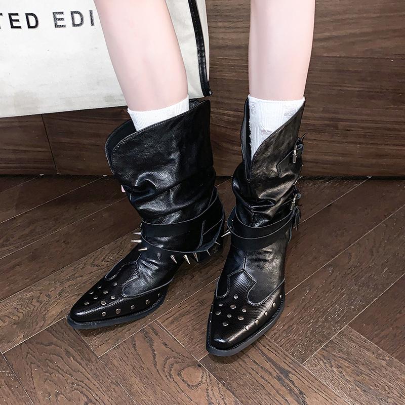 2025 Rivets Ankle Boots Belt Buckle Slip-On Leather Patchwork Fashion Elegant Comfortable Novelty Women Shoes Solid Color Boots