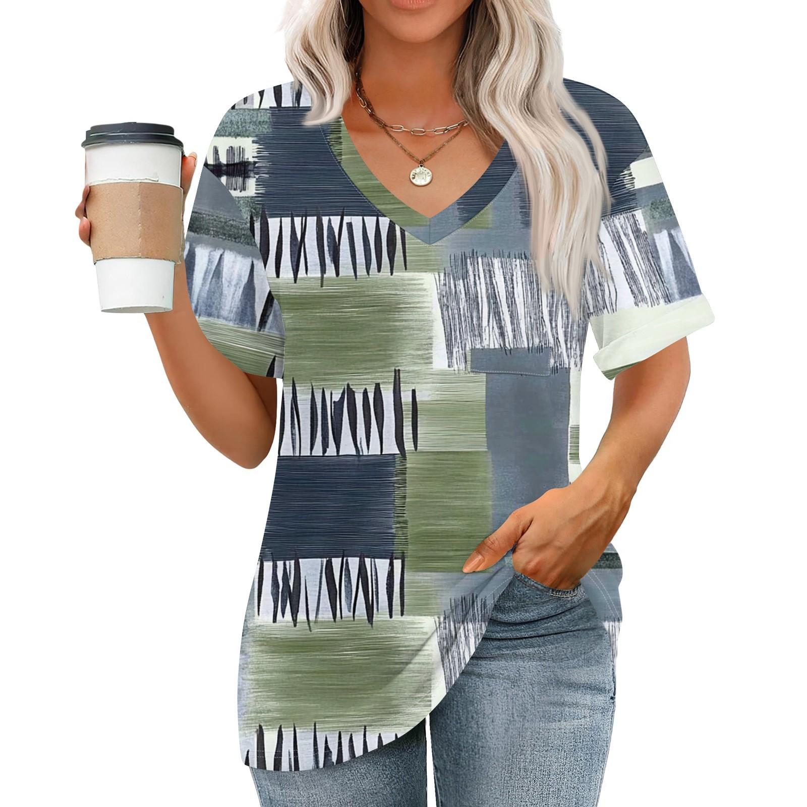 

Женские топы с V-образным вырезом и коротким рукавом Блузки Повседневные модные принты Туники Топы с карманами L