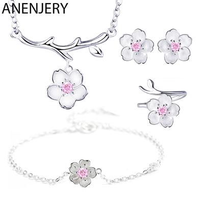 Dames Mode Sieraden Sieraden Sets Romantische Kersentakken Bloemen Ketting+Oorbellen+Ring+Armband Voor Vrouwen