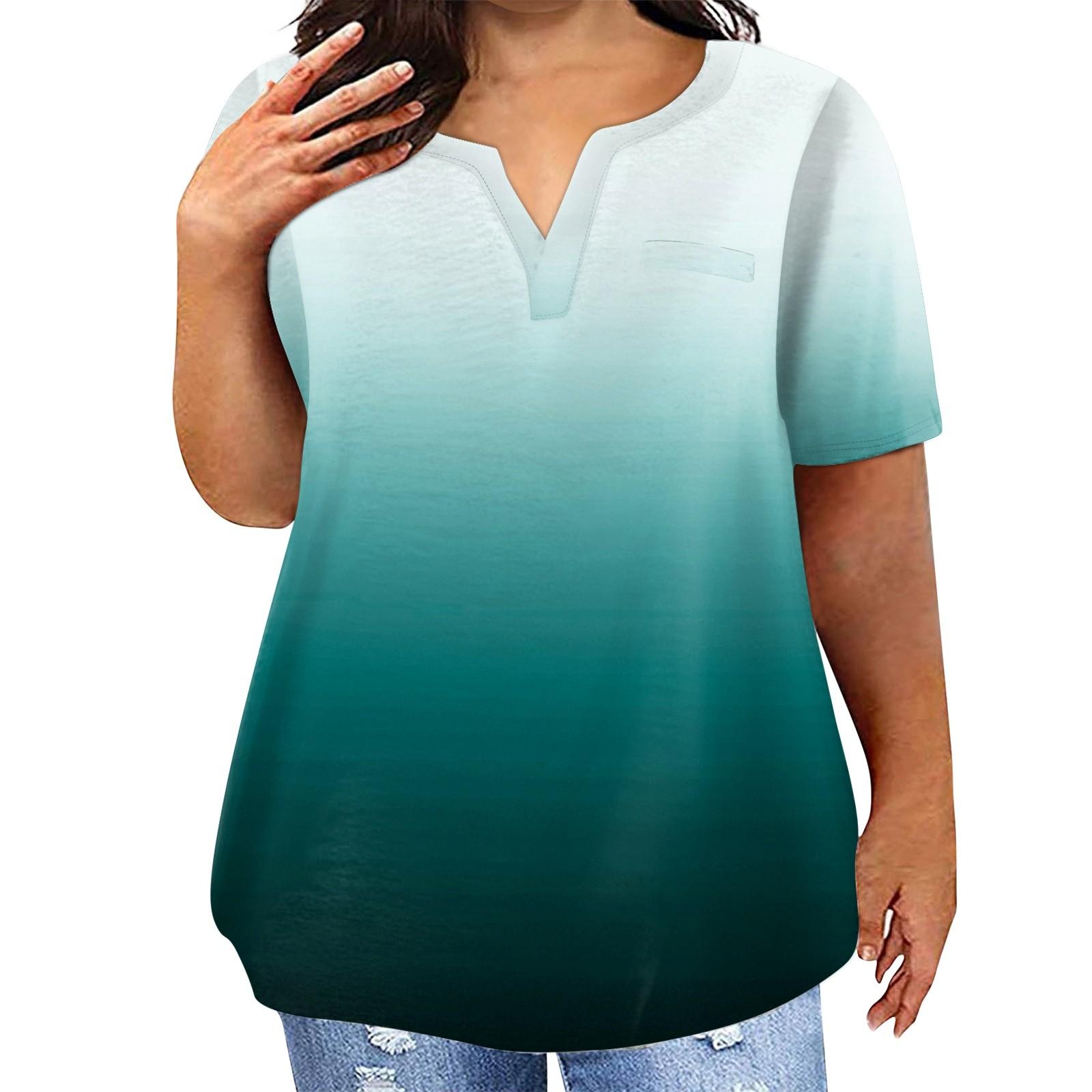 

Женская футболка большого размера, повседневный топ с v-образным вырезом и карманами с короткими рукавами XXXXXL циан