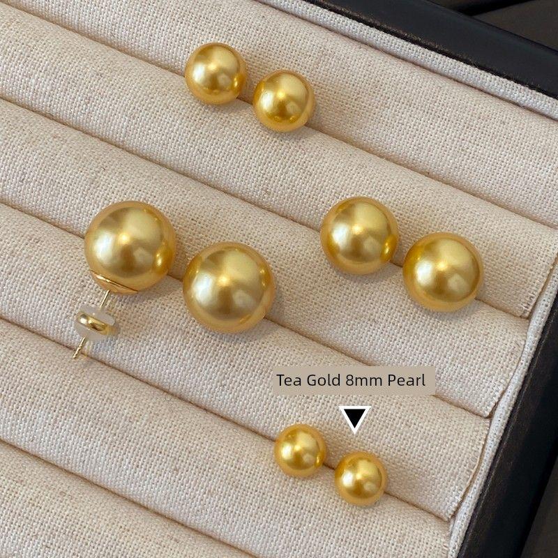 

Light Luxury Temperament Shijia Nanyang Tea Gold Pearl Stud Earrings for Women 2025 New Arrival Earrings Fashion Fancy Ear Rings 8mm Shijia Tea Golden Pearl Earrings