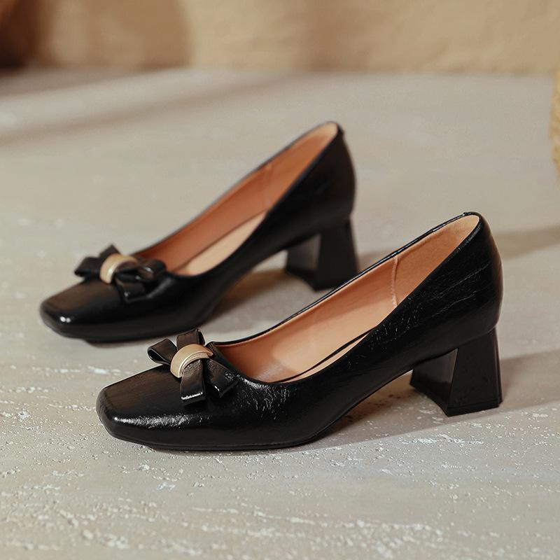 Square head high heels thick heel shallow mouth single shoes 2025 spring new large size women's shoes bow French medium heel shoes