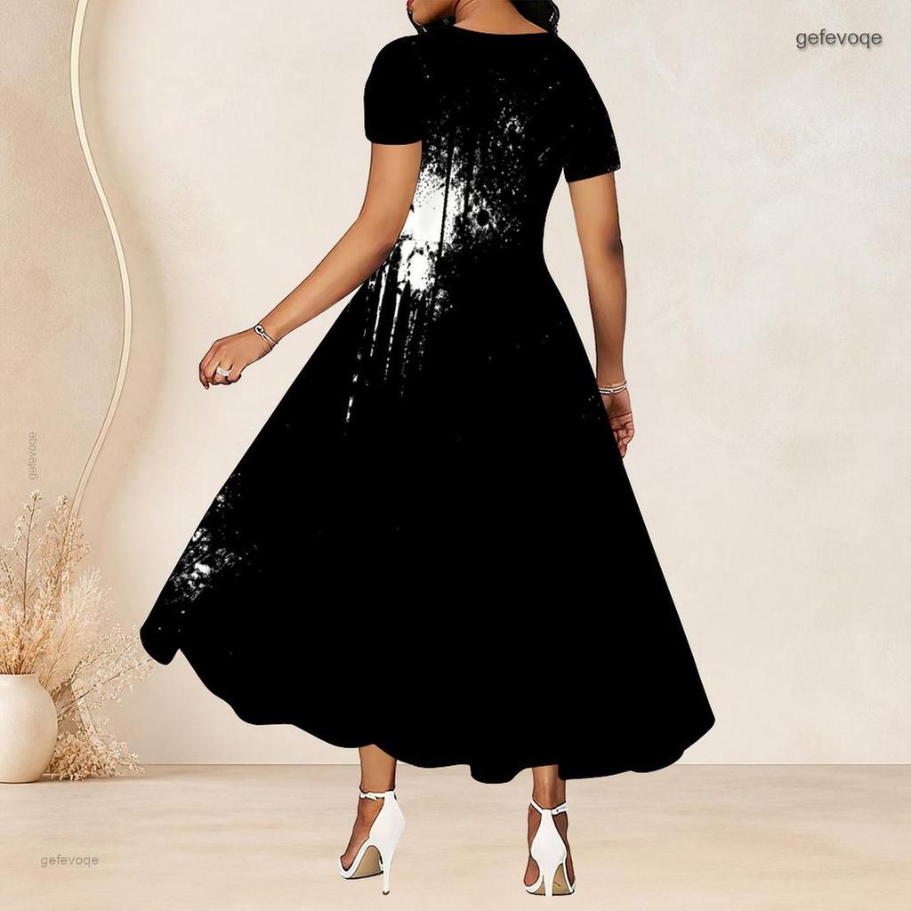 Women Plus Size Round Neck Short Sleeve Printed Gathered Waist A Line Long Dress