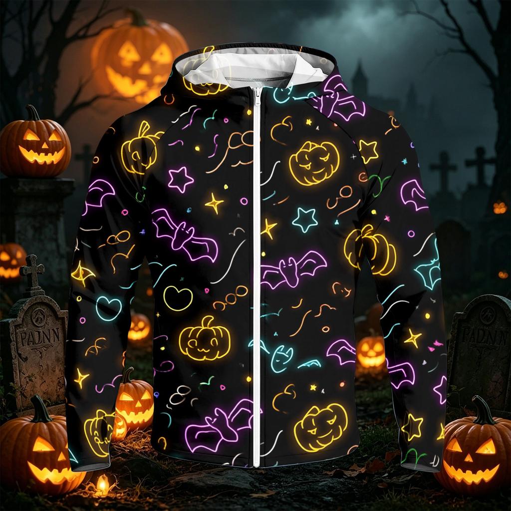 Men's Casual Raglan Sleeve Hooded Long Sleeve Sun Protection Jacket with Halloween Print Full Zip Front Lightweight