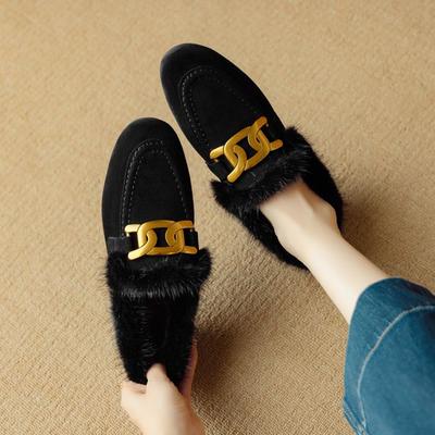 Fashion NEW Winter Women Pumps Sheep Suede Leather Shoes for Women Round Toe Low Heel Shoes Slip-on Black Women Loafers Warm Plush Shoes