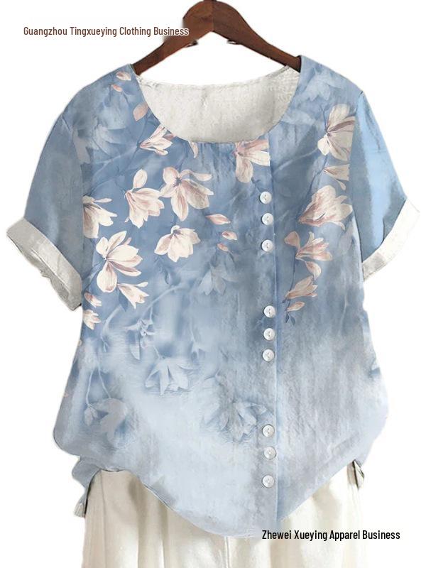 Women's Summer Retro Print Loose Cotton-Linen Short Sleeve Casual T-Shirt