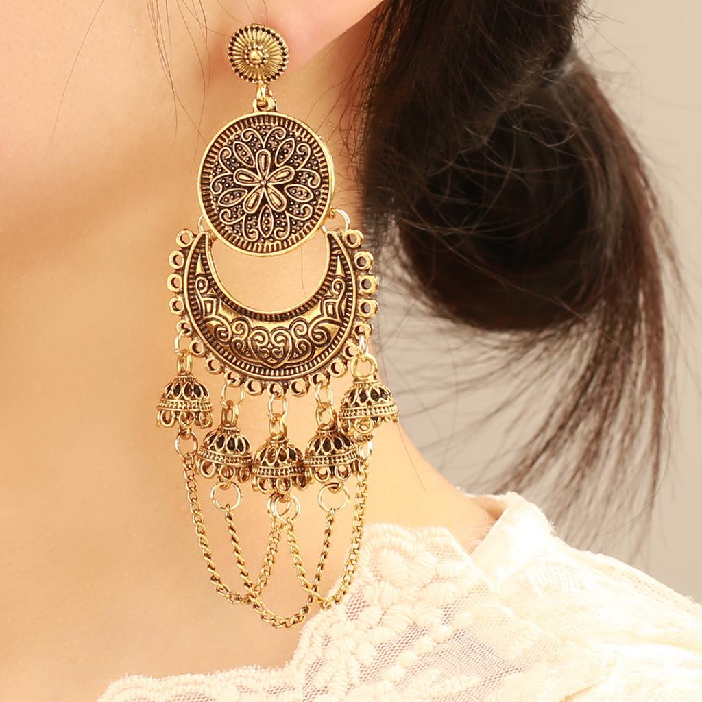 New European and American style round chain long tassel bell earrings, vintage gothic exotic style women's alloy earrings