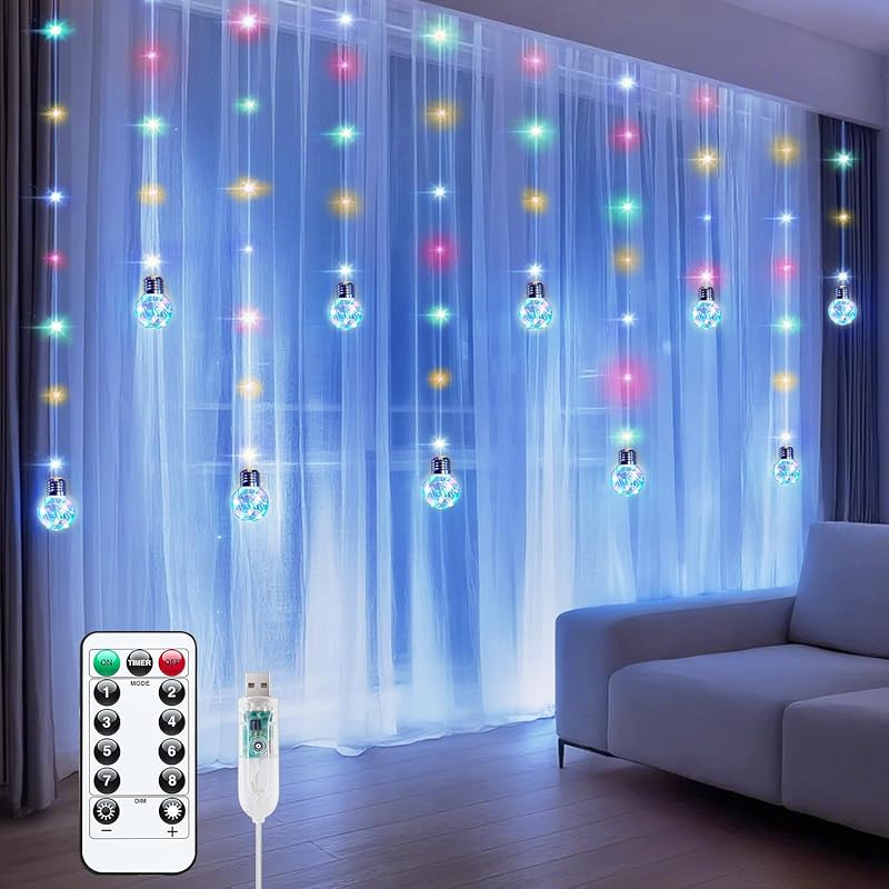 Minetom 200 LED Curtain Fairy Lights - 9.8 FT Wishing Ball Window Hanging Lights with Remote, USB Powered Waterproof for Christmas Wedding Bedroom