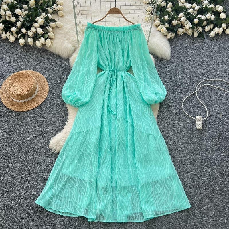 Lantern-sleeved Cinched Waist Elegant French Slimming Dress for Women