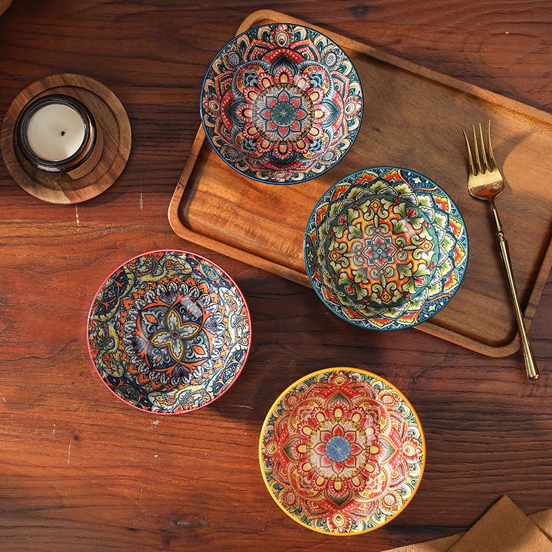 Bohemian Ceramic Rice Bowl Set - High-Temp Resistant, Colorful Underglaze Design