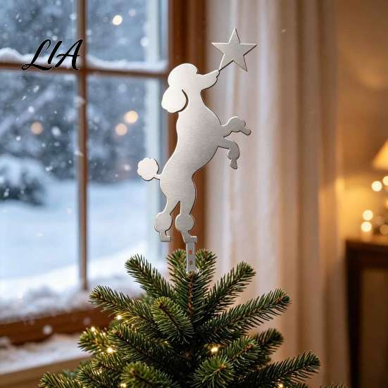 Christmas Tree Topper Standing Poodle Topper, Silver Silhouette Durable Metal Decoration, Secure Decorative Dog Ornament Plug-in Rod Easy Installation